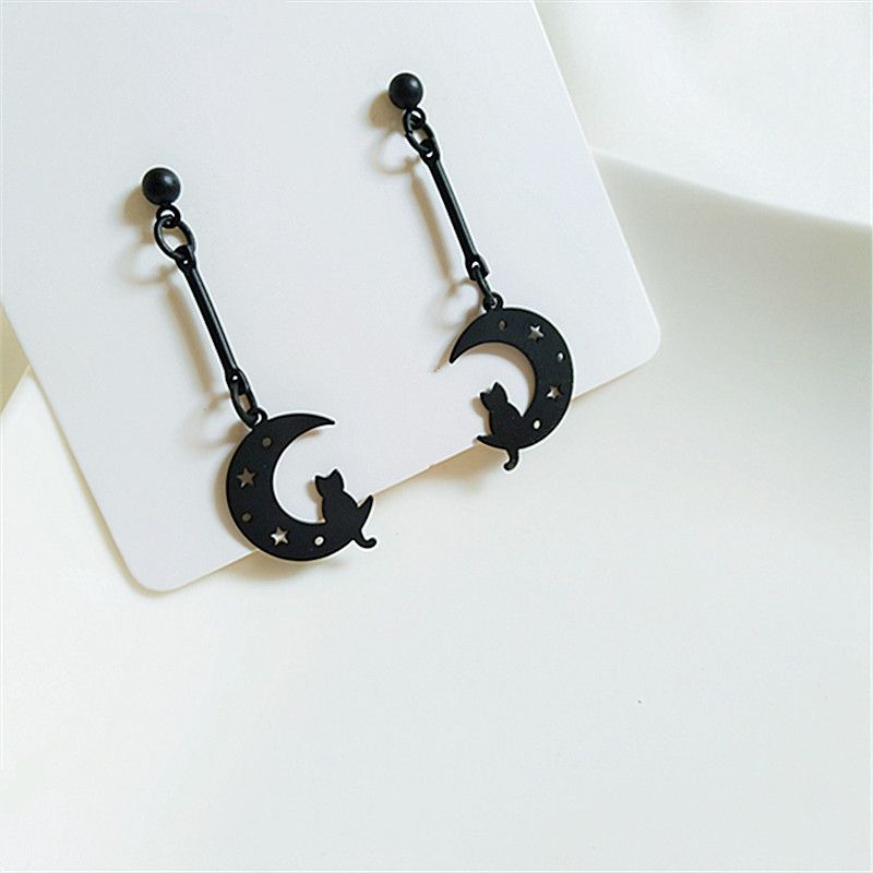 Lange Quasten-Mondohrringe, Silbernadel, Damen-Ohrclips ohne Ohrlöcher, Stern- und Mondkatzenohrringe, schwarze Ohrringe, Ohrclips_voghion.com