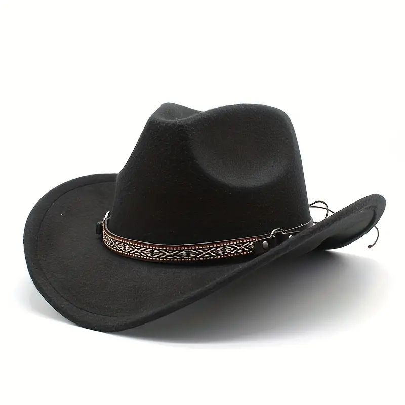 Unisex Retro ethnic style neutral hat, woolen top hat, solid color and Western cowboy felt hat band_voghion.com