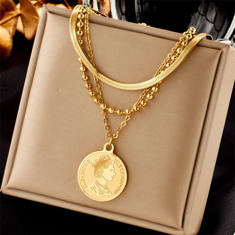 Design di nicchia, moda, personalità creativa, versatile catena multistrato, catena di perline, piastra rotonda, collana di gioielli con ciondolo testa di regina_voghion.com