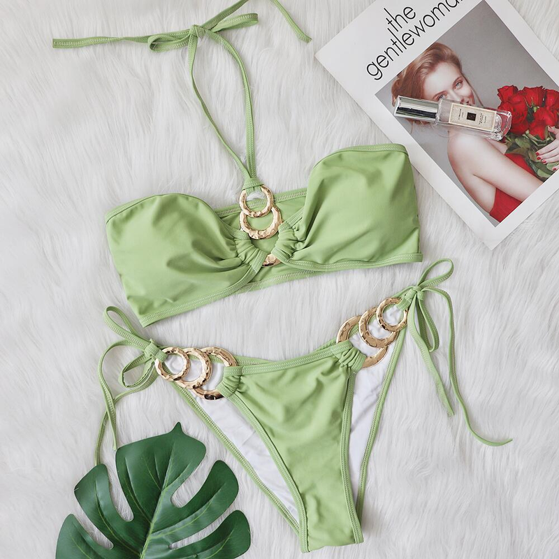 Costume da bagno sexy Accessori in metallo Bikini cavo Tinta unita Top tubolare Costume da bagno da donna Pronto in magazzino_voghion.com