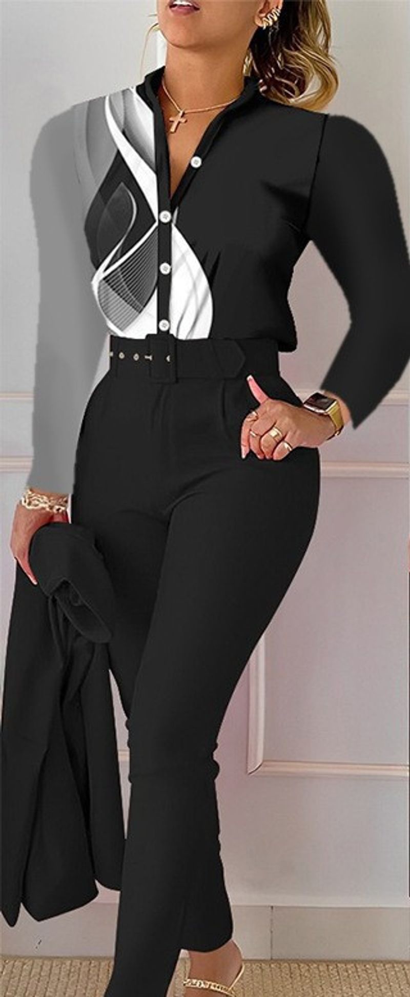 Women's fashion fashion print long sleeve top solid color pants set with belt_voghion.com