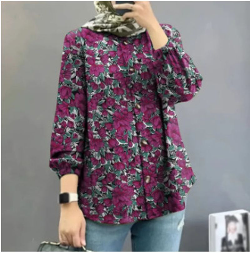 Women's  print loose fashion puff sleeve wave literary casual loose shirt_voghion.com