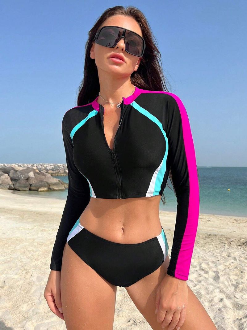 Damenbekleidung Split Farbabstimmung Langarm Sonnenschutz Dreieck Surfen Schnorcheln Tauchen Anzug Badeanzug weiblich_voghion.com