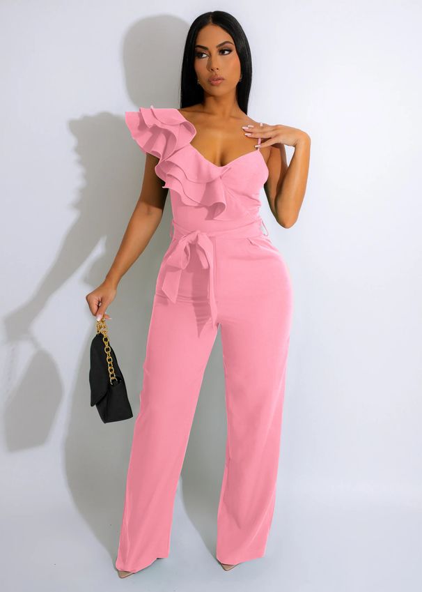 new fashion ruffled one-shoulder sleeveless waist deep V loose solid color jumpsuit for women_voghion.com