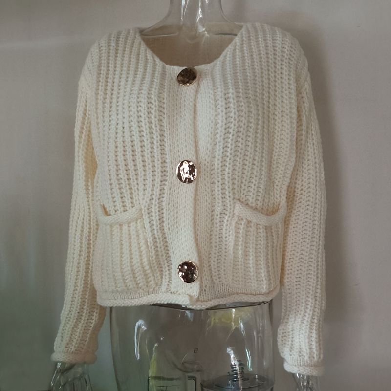 ​​"Damen-Cardigan mit V-Ausschnitt und langen Ärmeln und Taschen - Weicher Polyester-Strickpullover für Herbst und Winter, lässiger Tragekomfort (Rot, Marineblau, Weiß, Blau)_voghion.com