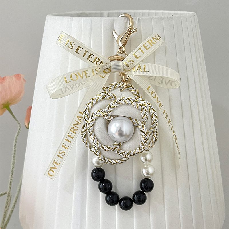 Korean Xiaoxiang Instagram Fengshan Camellia Black and White Pearl Keychain Handmade Fabric Fashion Bow Bag Pendant_voghion.com