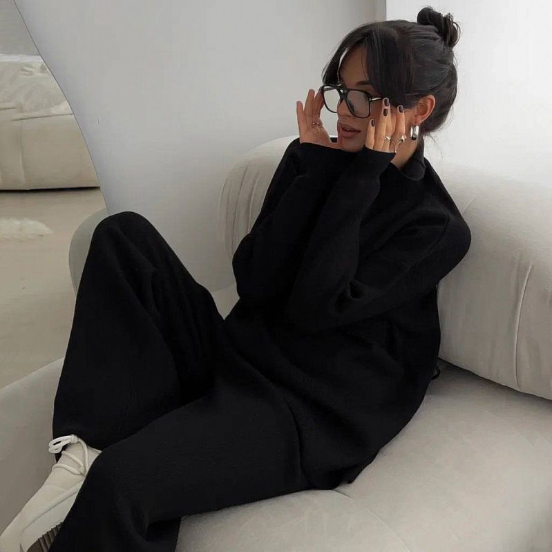 Damen-Set aus hochgeschlossenem Strickpullover und Hose – langärmliges, einfarbiges Lounge-Outfit, elegantes zweiteiliges Ensemble (Schwarz/Beige, S/M/L/XL)_voghion.com