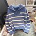 Color Block Striped Sweater Women's Pullover Knit Top With Half-Zip Design, Loose Fit Casual Long Sleeve Crewneck_voghion.com