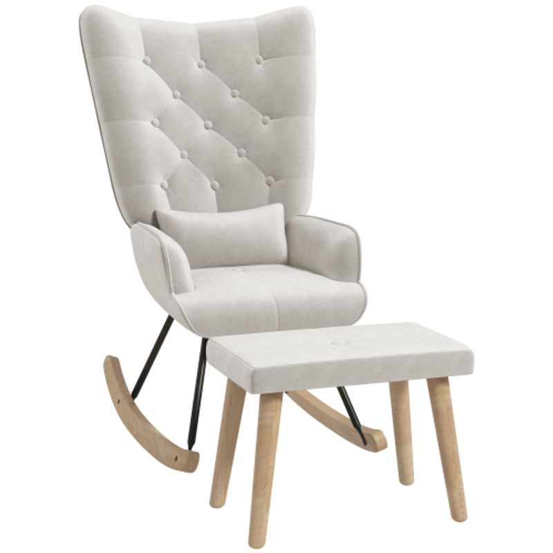 HOMCOM Schaukelsessel Mit Hocker, Relaxsessel Mit Kissen, Samtoptik, Ohrensessel Mit Holzbeine Für Schlafzimmer, Wohnzimmer, 66 X 96 X 101 Cm, Cremeweiß_voghion.com