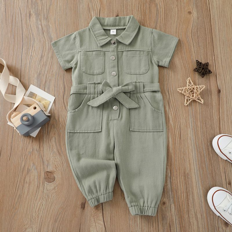 Children's summer children's clothing pink denim girls' short sleeved lapel jumpsuit_voghion.com