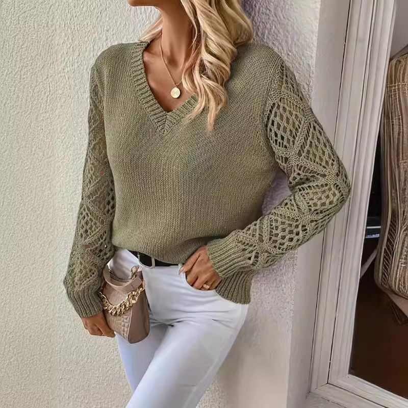 ​​Elegant V-Neck Knit Sweater Women's Casual Long Sleeve Hollow Out Loose Top - Breathable Polyester Blend, Solid Colors (S/M/L/XL)​​_voghion.com