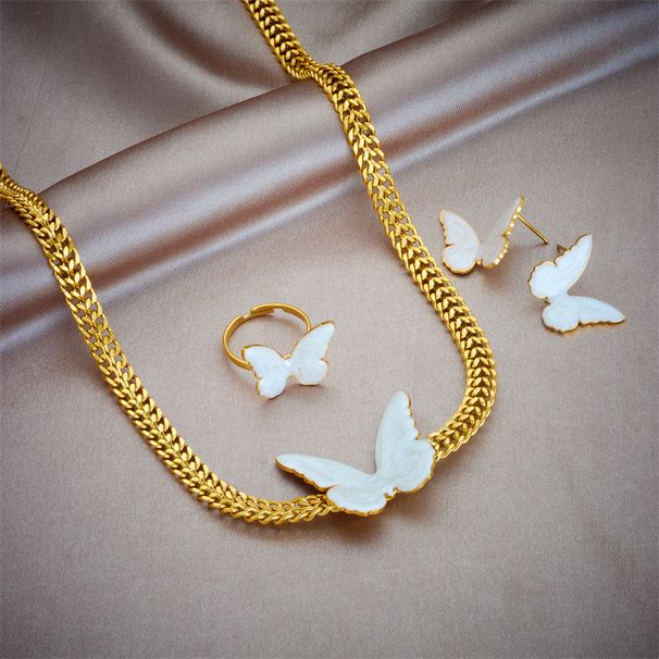 New Oil Drip Sweet Style INS Titanium Steel Butterfly Necklace Earrings Ring Three-Piece Jewelry Set_voghion.com
