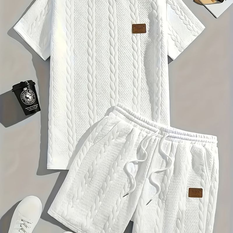 ​​Lässiges Rippstrick-Zweiteiler-Set für Herren – Kurzarm-T-Shirt und Patchwork-Shorts (Schwarz/Weiß, Polyester, lockere Passform, Sommeroutfit)​​_voghion.com