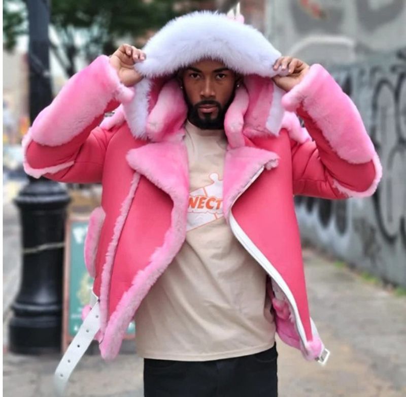 Abbigliamento da uomo Grande collo in pelliccia rosa con fibbia per cintura con cappuccio e cappotto in pelle da uomo ispessito in pile_voghion.com