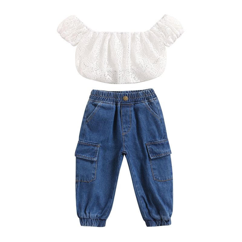 Mother&Kids Children's wear Girls' mesh top with feet and jeans trousers two-piece children's wear_voghion.com