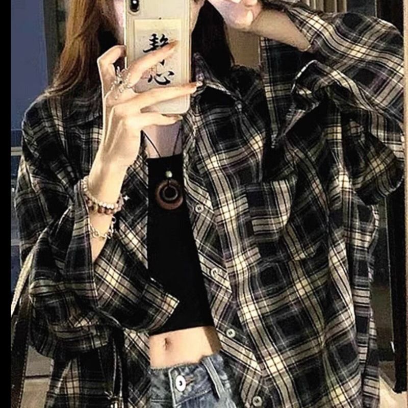 Camicia a quadri americana da donna, cappotto primaverile, cardigan, modello ampio, capospalla, top a maniche lunghe_voghion.com