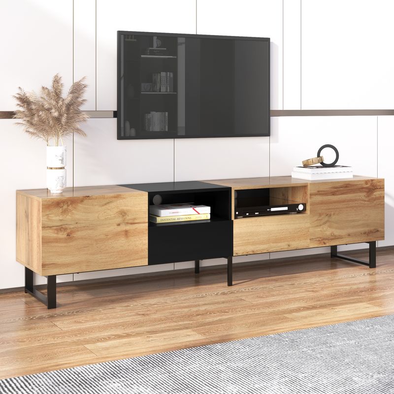 Moderner TV-Ständer Mit Schwarzem Und Holzfarbenem Design – Geräumiger Stauraum, Robuste Konstruktion_voghion.com