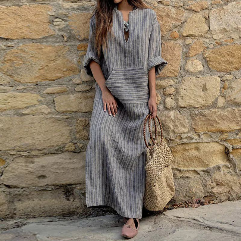 Neues, lockeres Kleid aus Baumwollleinen mit Streifen_voghion.com