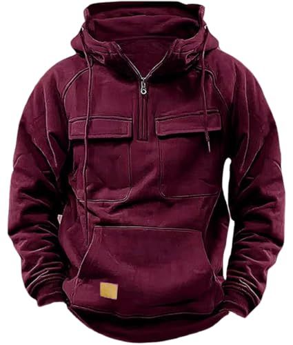 Herren 1/4 Reißverschluss Cargo Arbeitspullover Multi Taschen Vintage Hoodie Retro Pullover Langarm Sweatshirt mit Fleece_voghion.com