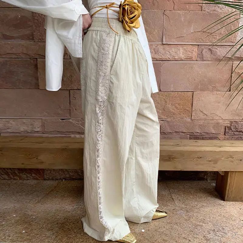 Women's Clothing Lace Stitching Wide Leg Pants Summer New Casual Commuting Simple Elastic Waist Loose Straight Pants Trousers_voghion.com