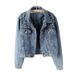 ChicShe Women's Denim European Style Plus Size Beaded Rhinestone Coat Trendy Student Light Blue Loose Jacket_voghion.com