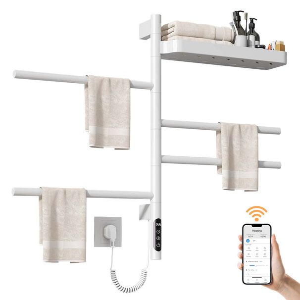SIOYIE Smart Rotating Heated Towel Rack For Bathroom, Wall-Mounted Electric Towel Dryer With Swivel Bars & Shelf, Smart Timer, Low Carbon Steel, Plug-in/Hardwired, Towel Warmer With Wi-Fi App Control_voghion.com