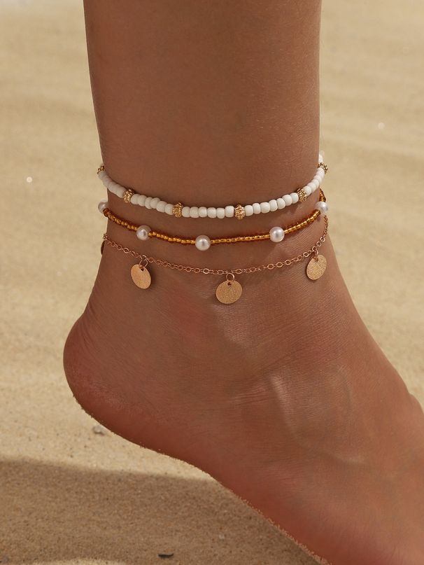 Bohemian Versatile Multi-layer Stacked Round Disc Foot Jewelry Simple Shell Pendant Rice Bead Anklet_voghion.com