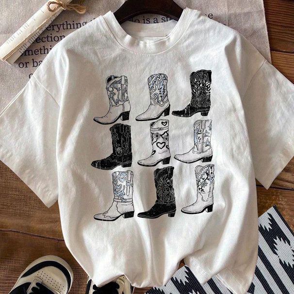 2024 European And American Style Cross-Border Spring Summer Women's IN Boots Printed Casual Fashion Short Sleeve T-Shirt_voghion.com