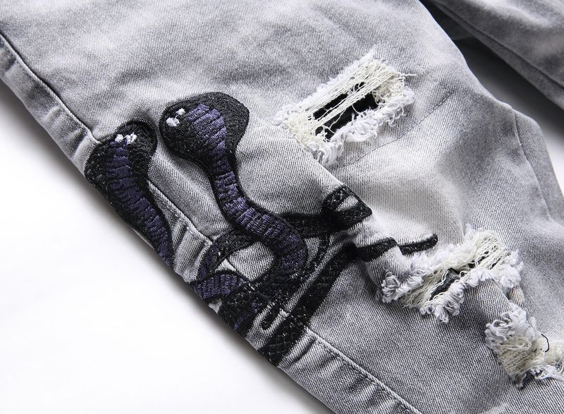 European Men's Light Blue Ripped Embroidered Jeans Men's Trendy Elastic Slim Fit American High Street Trousers_voghion.com