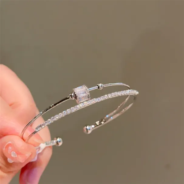 Gold Toned Double - Layered Open Cuff Bangle With Rectangular Crystal & Zircon Accents, Shiny Elegant Jewelry For Daily_voghion.com