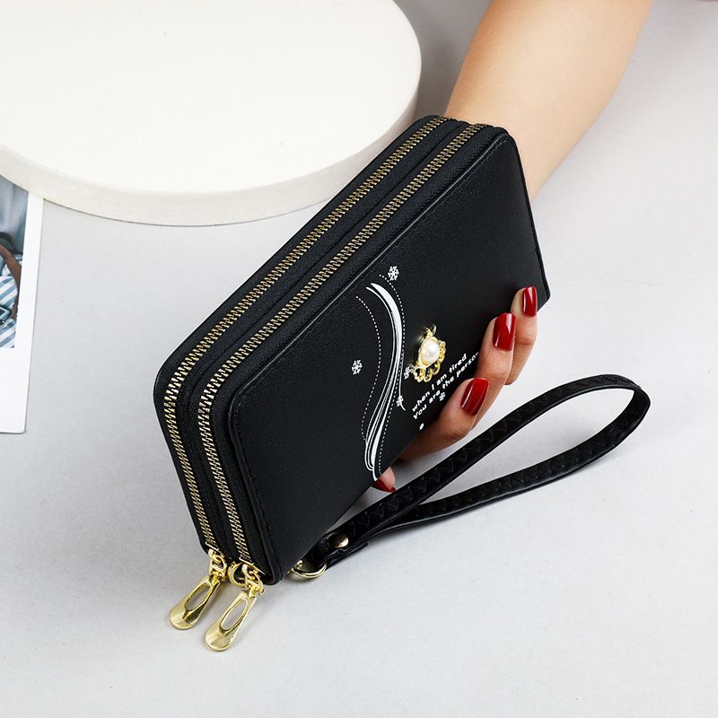 Women's Wallet Card Cases Double Layer Zipper Long Wallet Women Large Capacity Wrist Clutch Pearl Print Mobile Phone Bag_voghion.com