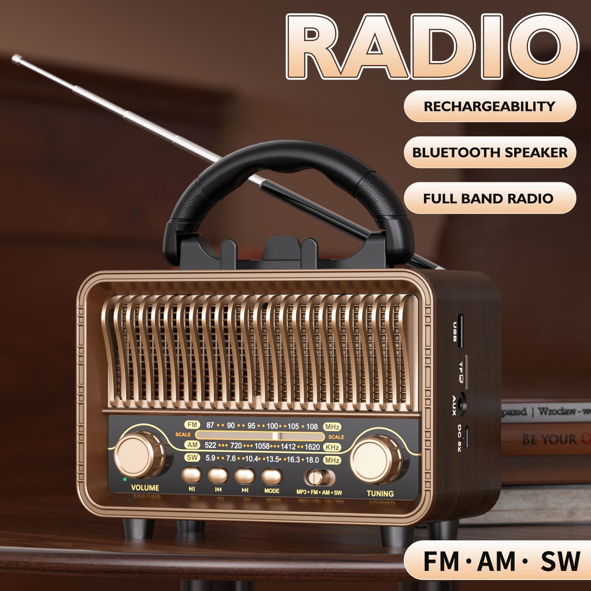 Retro Wireless Radio Portable AM/FM/SW With USB Rechargeable Battery, With Antenna, AUX And TF Card Playback, Suitable_voghion.com
