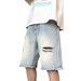 Perforated denim shorts for men's summer design with a sense of niche, loose fitting wide leg capris, American retro vibe pants_voghion.com