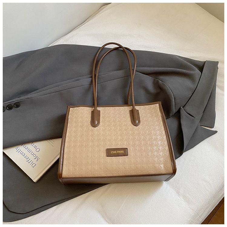 Elegante borsa tote pied de poule – Borsa a tracolla di media capacità per donna (pelle PU, doppi spallacci, chiusura con cerniera, finiture a contrasto, ciondolo staccabile)_voghion.com