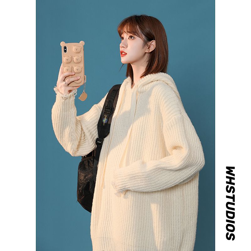 Suéter de cuello alto con capucha de color sólido de versión coreana, tendencia holgada, tejido para parejas N861 especial P55_voghion.com
