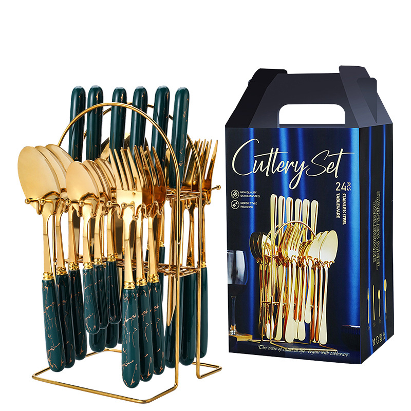Conjunto de talheres com 24 peças, faca e garfo, aço inoxidável, com suporte, colher de sobremesa, adequado para qualquer ocasião 240826_voghion.com