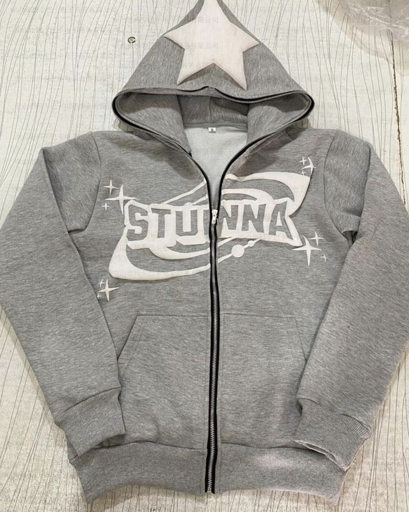 Cross Border Autumn And Winter Star Letter Printing Loose Trend Street Fashion Unisex Hooded Cardigan Sweatshirt_voghion.com