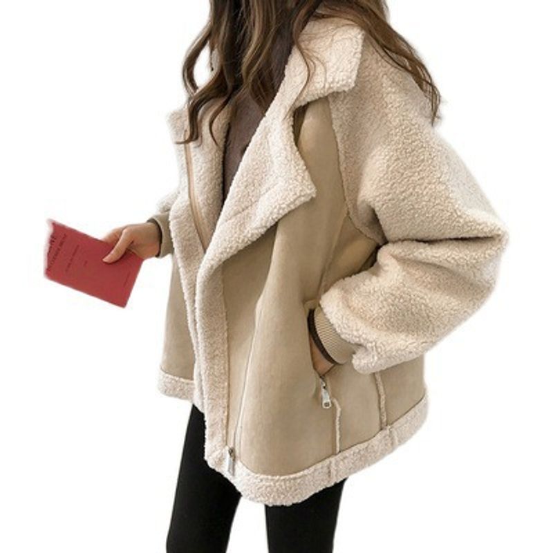 Novo inverno feminino solto pele de uma peça jaqueta de camurça curto sherpa motocicleta jaqueta_voghion.com