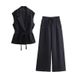 Damenbekleidung Anzug mit Gürtel Leinenweste Weste Weites Bein Lockere Gerade Hose_voghion.com