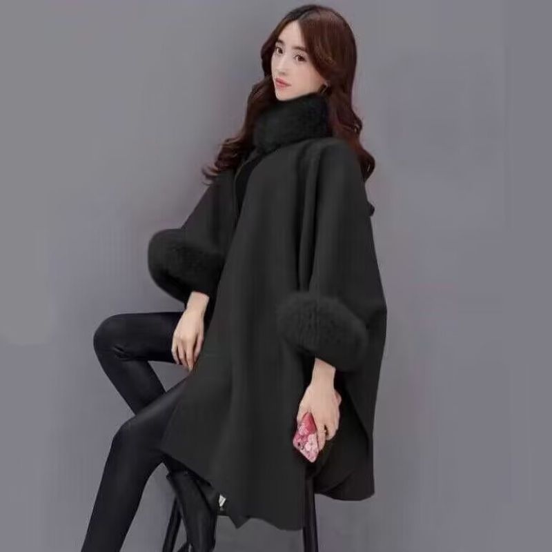 Femmes quand col de fourrure de renard manteau de laine moyen long tempérament cape cape manteau_voghion.com