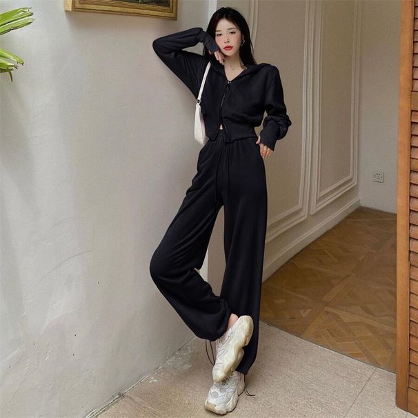 Early Autumn Sports Style Double Zipper Hoodie Short Jacket Drawstring Jogger Pants Set Two-Piece Women's Outfit_voghion.com