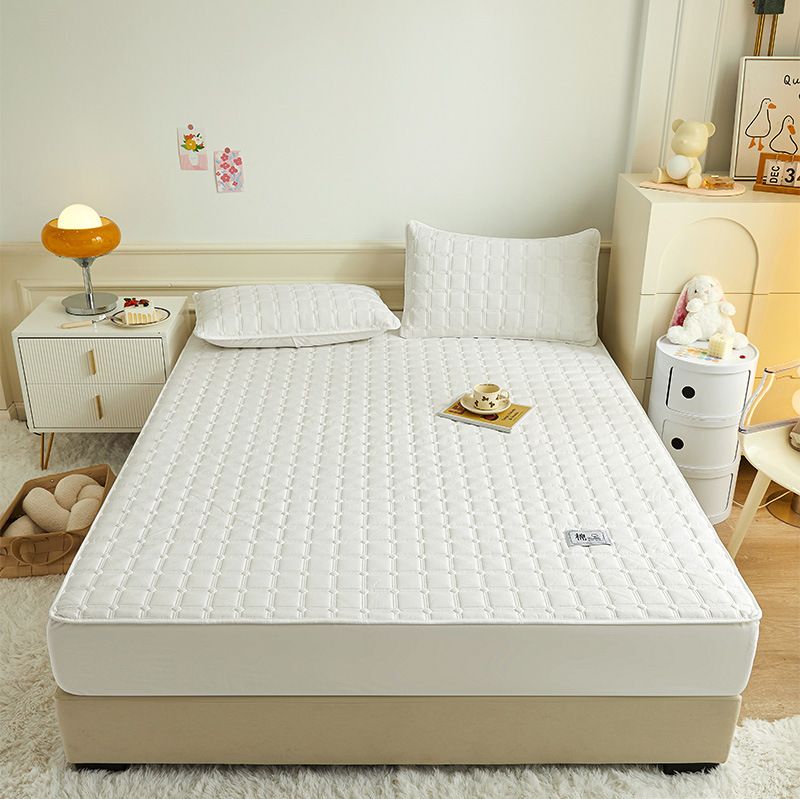 Lenzuolo con angoli trapuntato in cotone biologico - Gonna da letto in tinta unita in stile taiwanese con supporto antiscivolo, imbottitura in fibra di soia e coprimaterasso traspirante._voghion.com