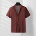 Men's Resort Style Open-Knit Polo Shirt – Breathable Ice Silk Fabric, Crochet Detailing, Relaxed Fit Short Sleeve Cardigan (Red Brown, M/L/XL/XXL)_voghion.com