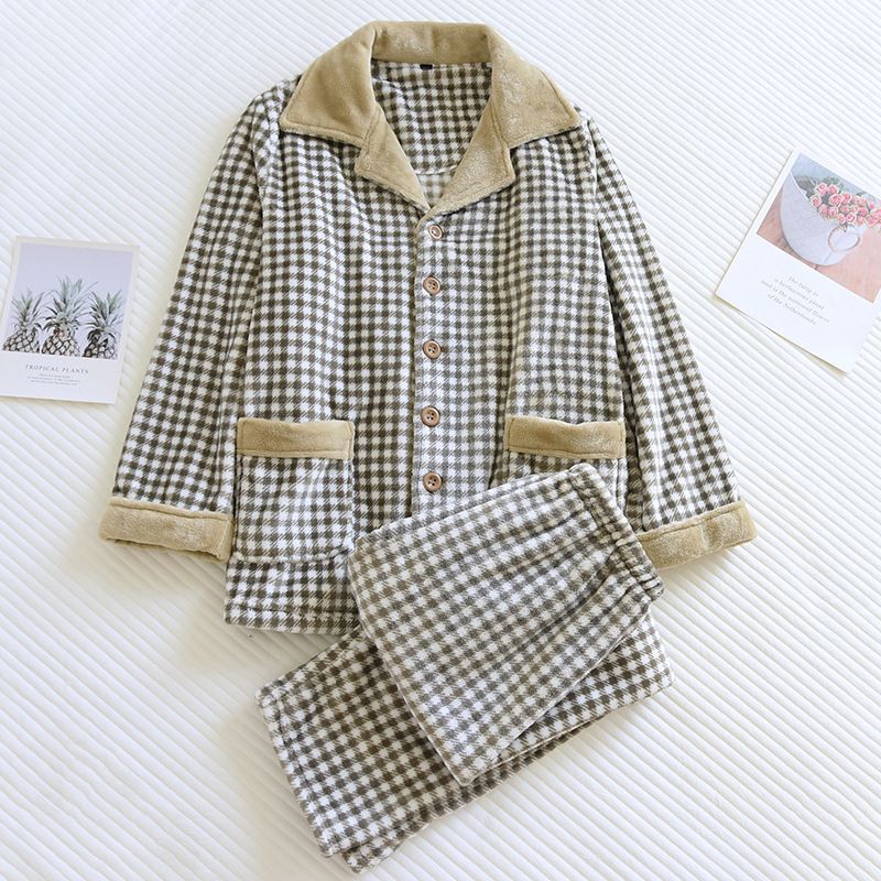 Herrenbekleidung Herbst- und Winterpyjama für Herren neu plus dicker, warmer, samtiger, schlichter Plaid-Anzug für Herren, der draußen zu Hause getragen werden kann_voghion.com