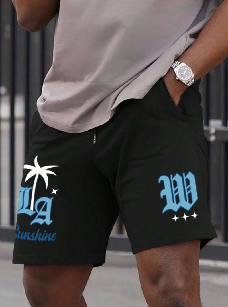 men's clothing pure cotton letter coconut tree print shorts men's summer loose straight bottoms_voghion.com