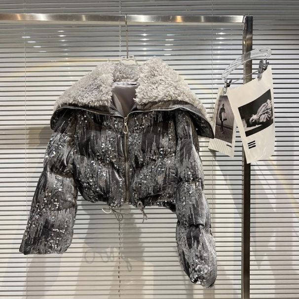 Meninas com a mesma gola azul de lã de algodão de inverno coberta com jaqueta curta de algodão de veludo de lantejoulas_voghion.com