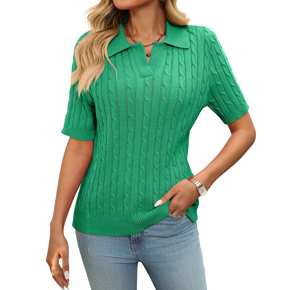 Elegant V-Neck Cable Knit Sweater For Women - Soft Cotton Blend, Loose Fit, Short Sleeve, Crew Neck Pullover, Casual & Stylish_voghion.com