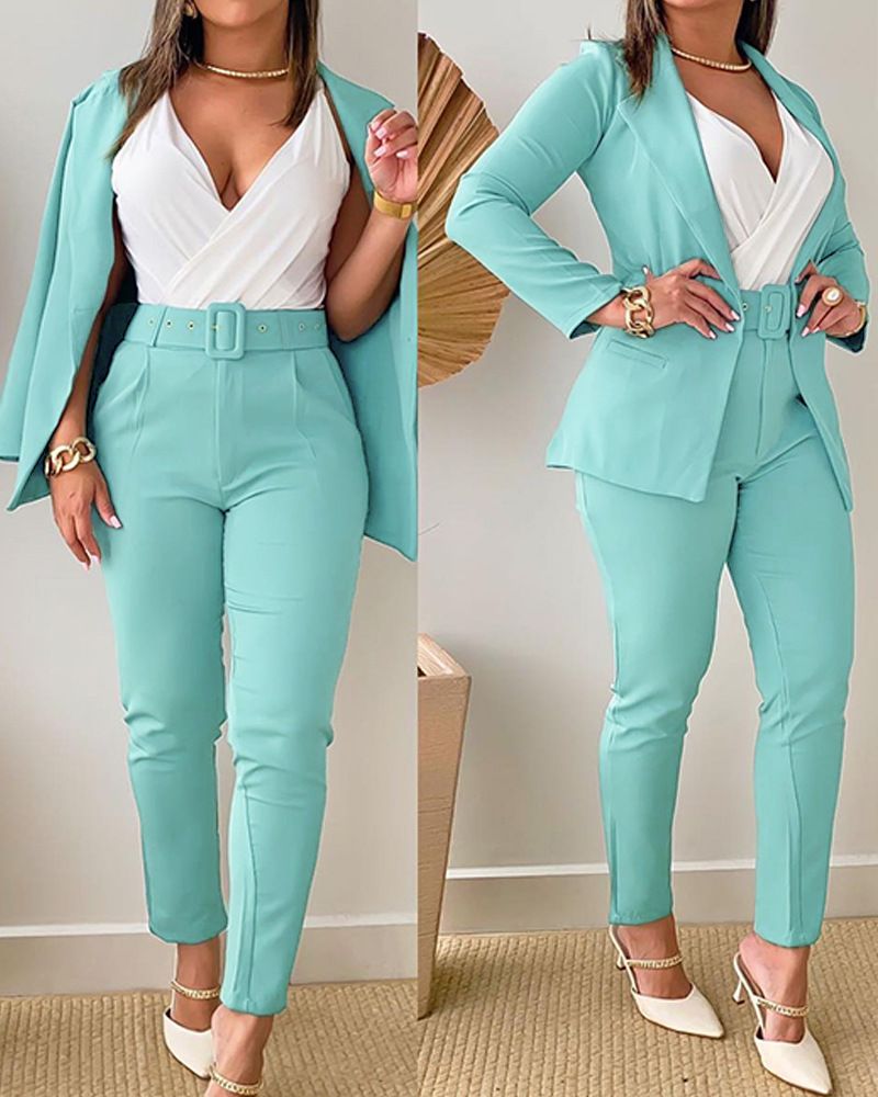 Women's Spring And Summer New Solid Color Jacket + Casual Trousers Suit_voghion.com