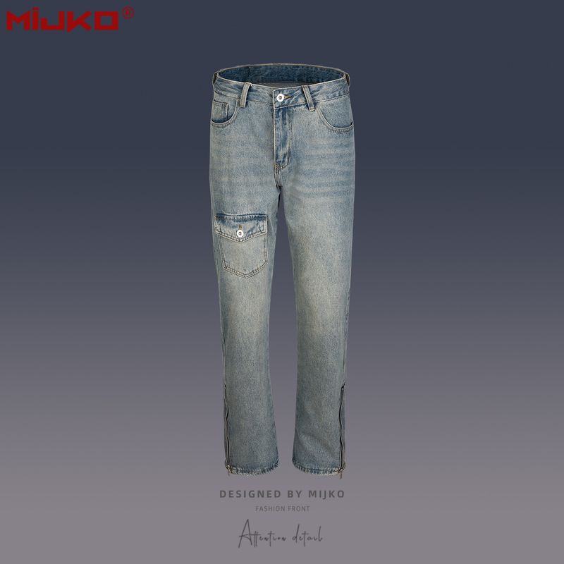 Herren-Damen-Hip-Hop-Hose mit Taschenverzierung, Herren- und Damen-Unisex-Jeans mit Reißverschluss und weitem Bein in blauer Waschung_voghion.com