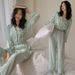 Pajamas Women's V-neck Exposed Navel, Long-sleeved Home Two-piece Set Of Satin Chiffon Thin Loungewear Can Be Worn Outside_voghion.com